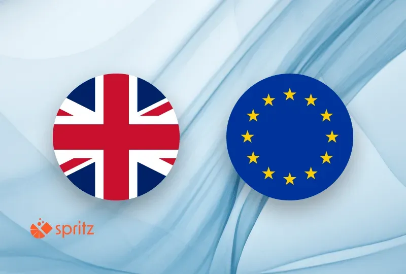 Two icons showing the British and European Union flags alongside the Spritz logo.