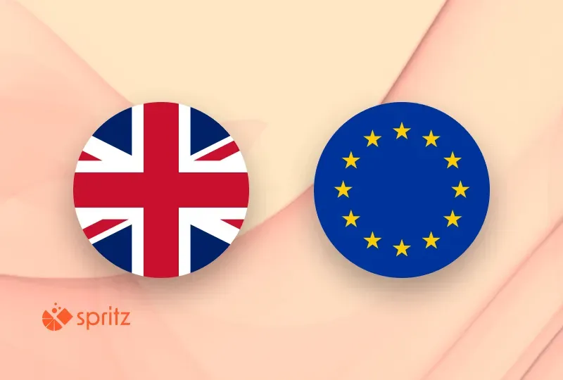 Two icons showing the British and European Union flags alongside the Spritz logo.