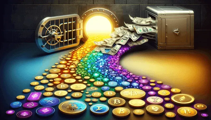 Digital cryptocurrencies converting into fiat currency and flowing into a bank vault, symbolizing easy off-ramping with Spritz.