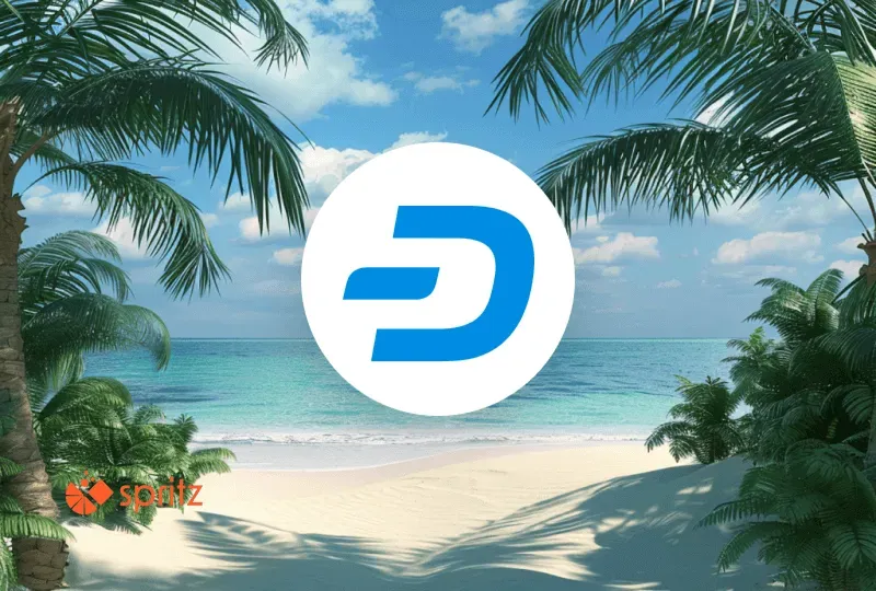 The Dash blockchain logo in the center of a beautiful, sunlit beach with white sand and palm trees, symbolizing the ease that Spritz brings to off-ramping crypto.