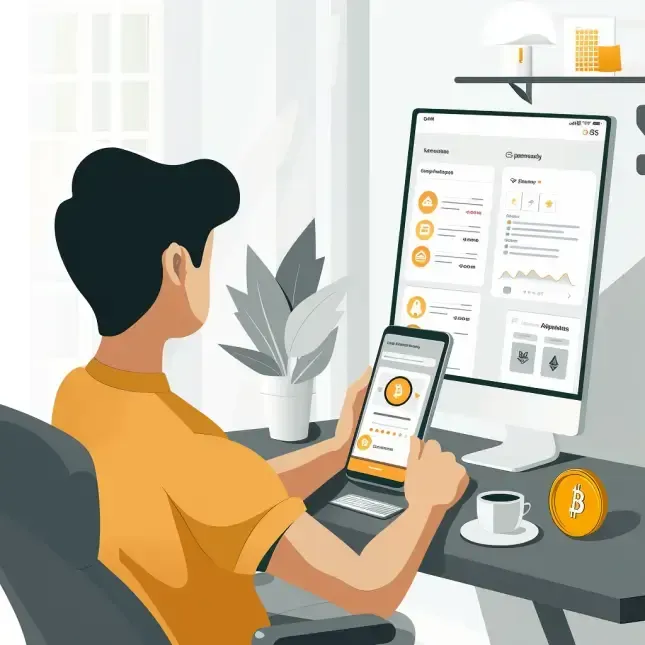 Illustration of a person using an app to manage bills and payments to friends and family seamlessly.