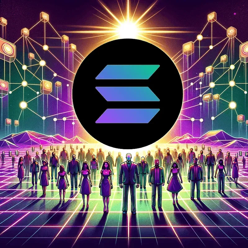 A crowd of people in a purple, green, and gold light filled room, standing underneath the Solana logo.