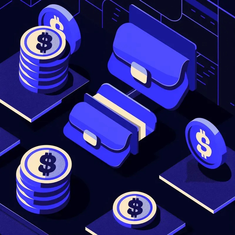 Several wallet, representing digital wallets, surrounded by stacks of coins (USDC).
