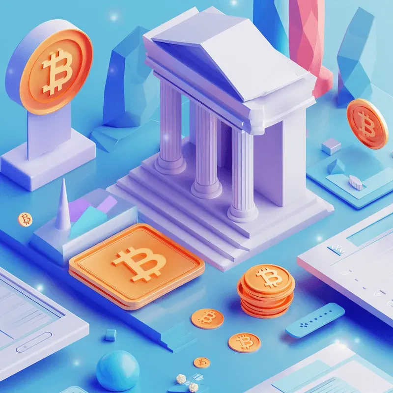 Seamless integration of cryptocurrency wallet (symbolized by a coin with the orange bitcoin logo on it) with a traditional bank account (symbolized by a Greek-columned building) via Spritz Finance.