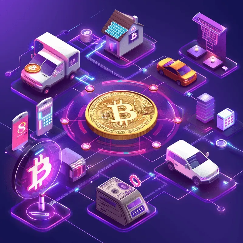 A graphic that, at the center, has gold coin with the Bitcoin logo on it and surrounding the coin are illustrations symbolizing various types of bills: a credit card, a house, a car, a TV, groceries, electricity, etc.