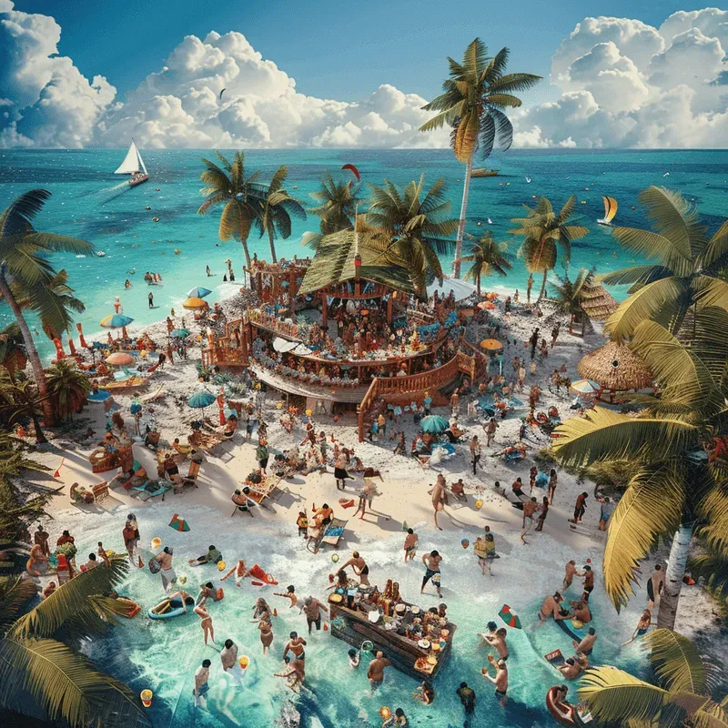 Illustration of a vibrant and engaged community of Spritz users around a party-ready beach bar on a beautiful white sand beach with palm trees in the Caribbean.