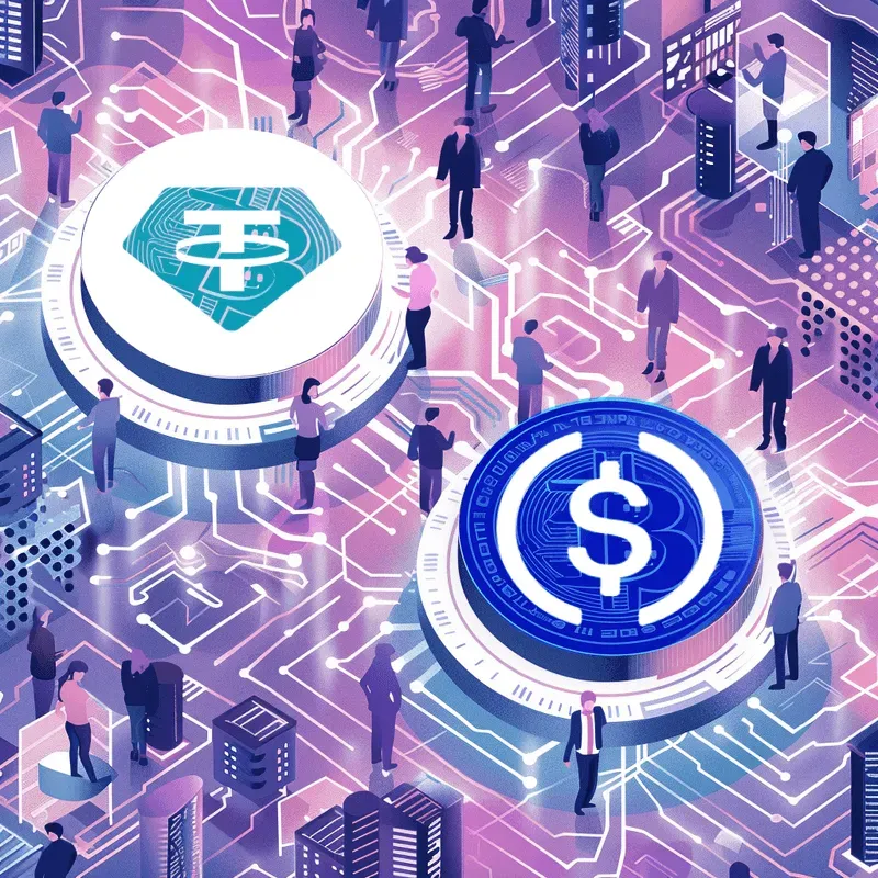 A futuristic image of people walking around the USDT and USDC logo.