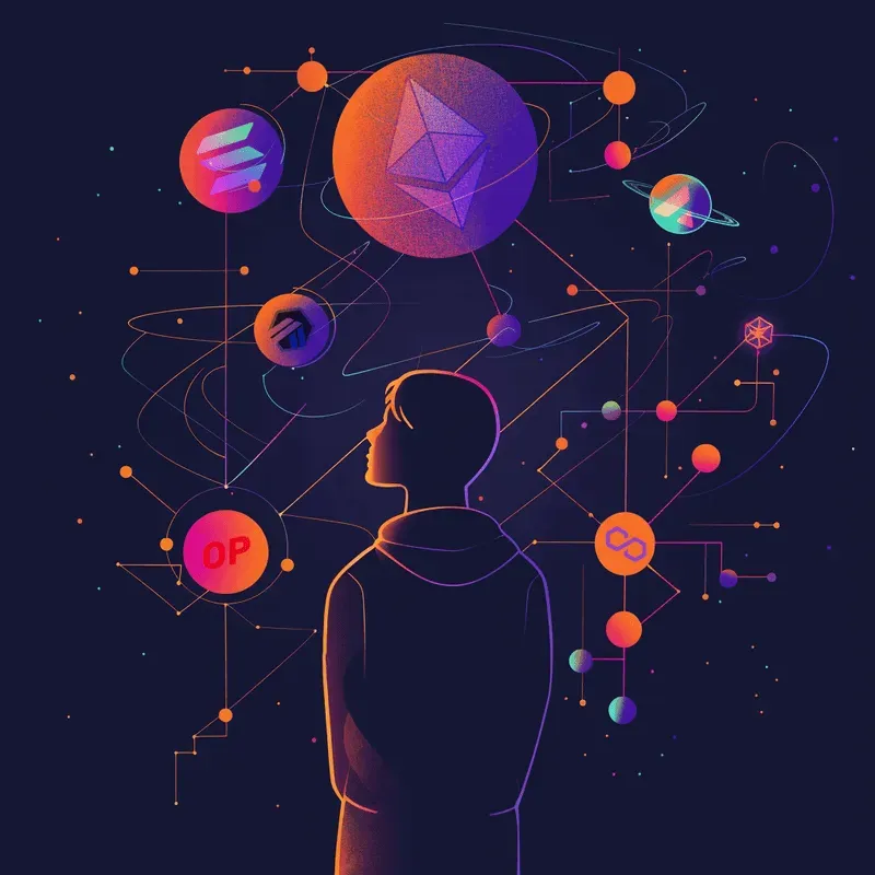 A person looking into a galaxy of planets, subtly marked by various crypto logos, symbolizing how MetaMask can support many blockchain networks.