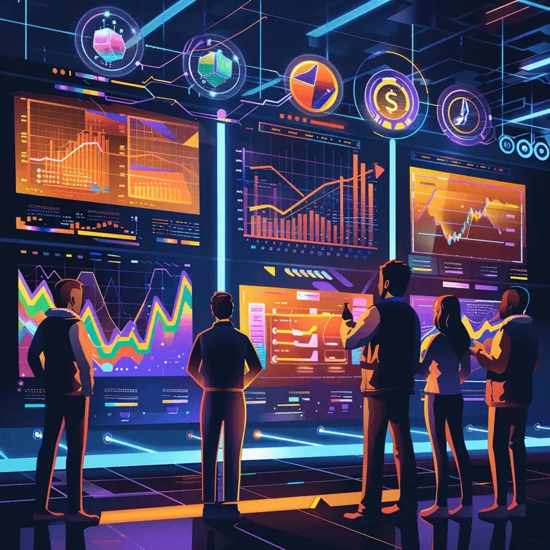 Investors monitoring rising meme coin charts on digital screens in a modern trading environment.