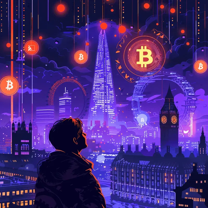 A man looks at the London skyline with Big Ben, bitcoin symbols and crypto currency logos floating around in a purple background with orange neon lights.