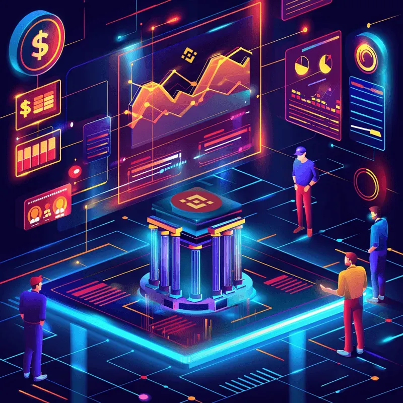 Several people in a futuristic room look up at charts and the BNB symbol in the center of the room on a pedestal, with the US dollar sign, in the top left corner.