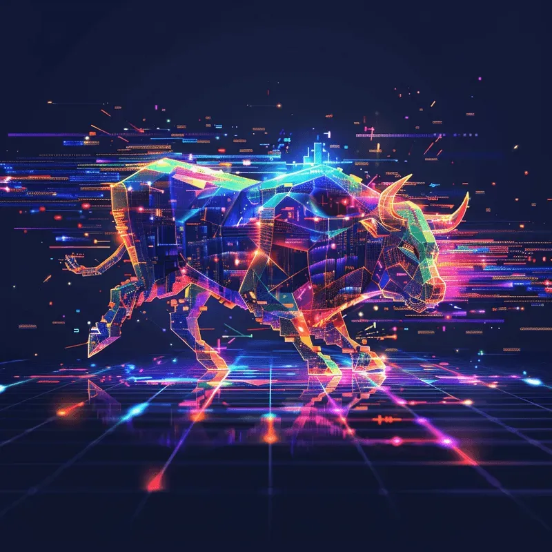 Digital bull charging through a cyber landscape, representing a cryptocurrency bull run.