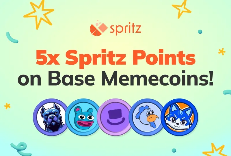 An array of the Roost, Brett, Degen, Toshi, and Doginme logos on coins, underneath the Spritz logo and the words &quot;5x Spritz Points on Base Memecoins!&quot;
