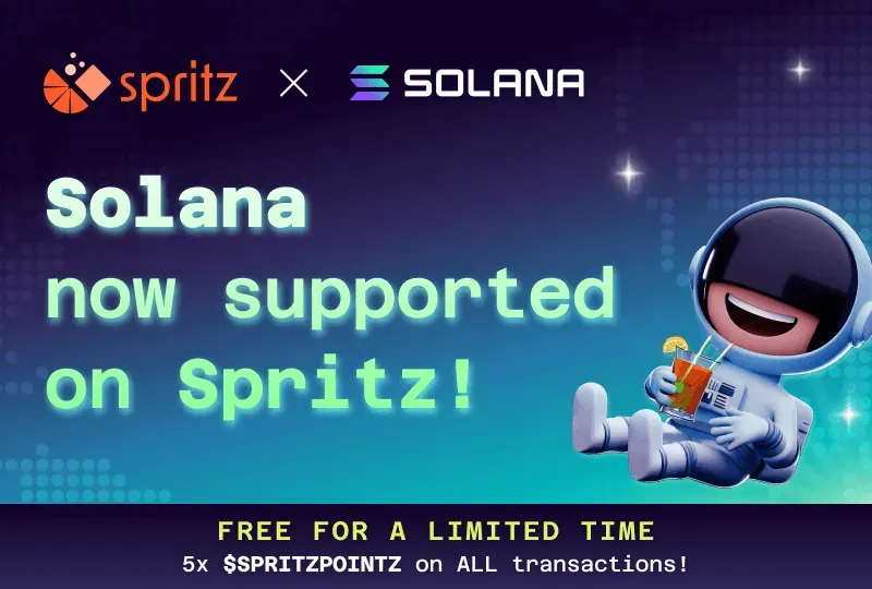 The Spritz and Solana logos are at the top of the image, with an astronaut holding a tropical drink in their hand on the right. The words &quot;Solana now supported on Spritz!&quot; are in the center of the image.