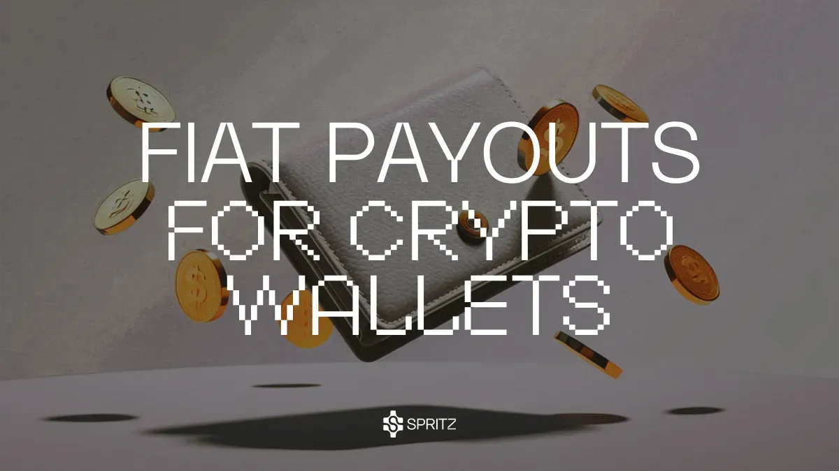 Diagram showing fiat payout flow from a user's crypto wallet through the Spritz SDK to a bank account via ACH or SEPA