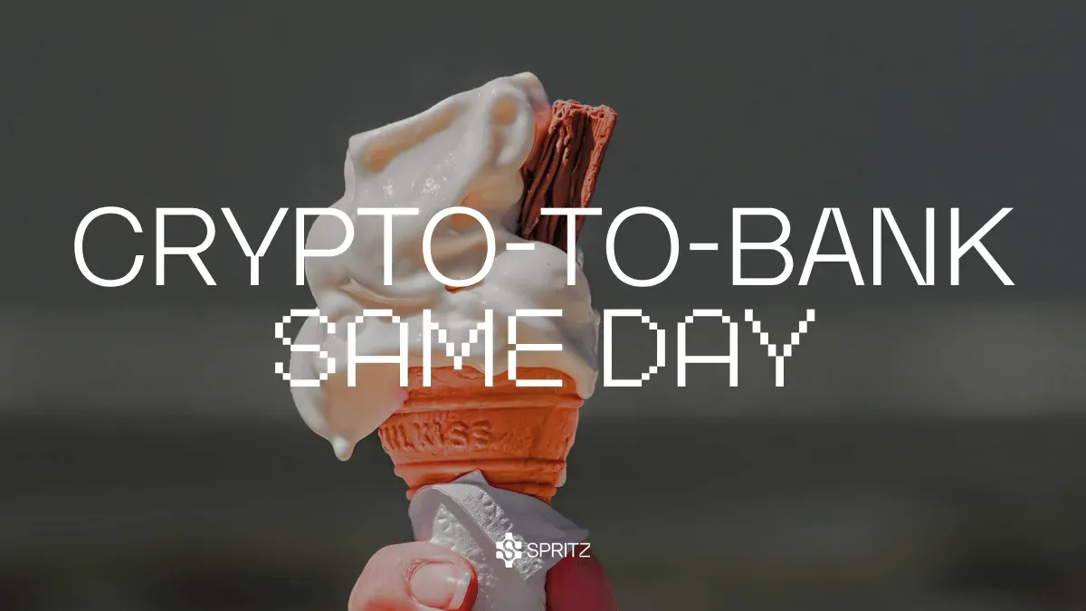Orange Spritz gradient with bubbles and the line crypto to bank, same day