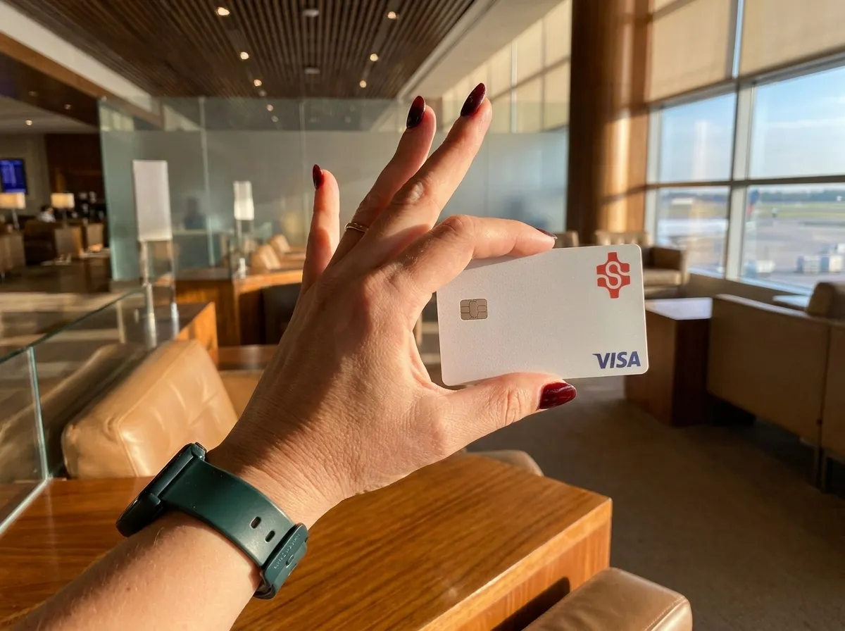 A Spritz Visa Signature card held up in an airport lounge